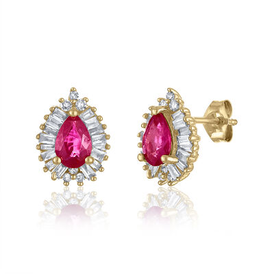 Ruby and Diamond Pear-Shaped Halo Earrings in 14K Yellow Gold (1/3 ct. tw.)