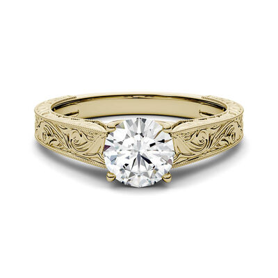 Round Moissanite Ring with Filigree Band in 14K Yellow Gold (1 ct.)