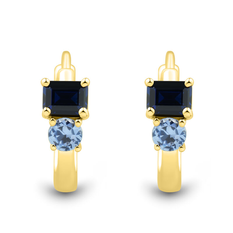 Lab-Created Blue Sapphire Toi et Moi Two-Stone Hoop Earrings in 10K Yellow Gold