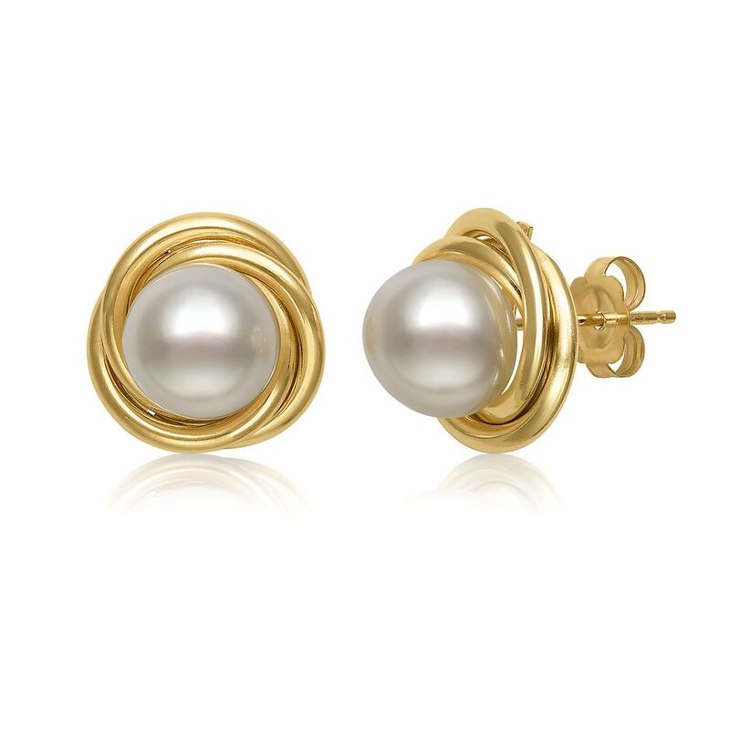 Freshwater Pearl Cultured Stud Knot Earrings in 14K Yellow Gold