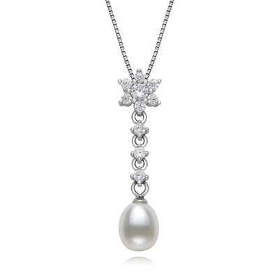 Freshwater Pearl & Lab Created White Sapphire Pendant in Sterling Silver