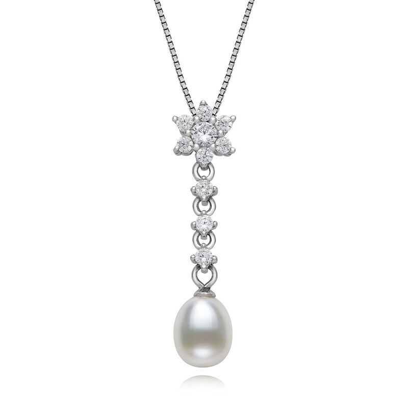 Freshwater Pearl &amp; Lab Created White Sapphire Pendant in Sterling Silver
