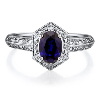 Lab Created Blue Sapphire and Diamond Accent Ring in Sterling Silver