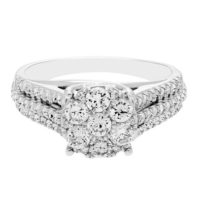 Round Multi-Diamond Engagement Ring with Triple Shank in 10K White Gold (1 ct. tw.)