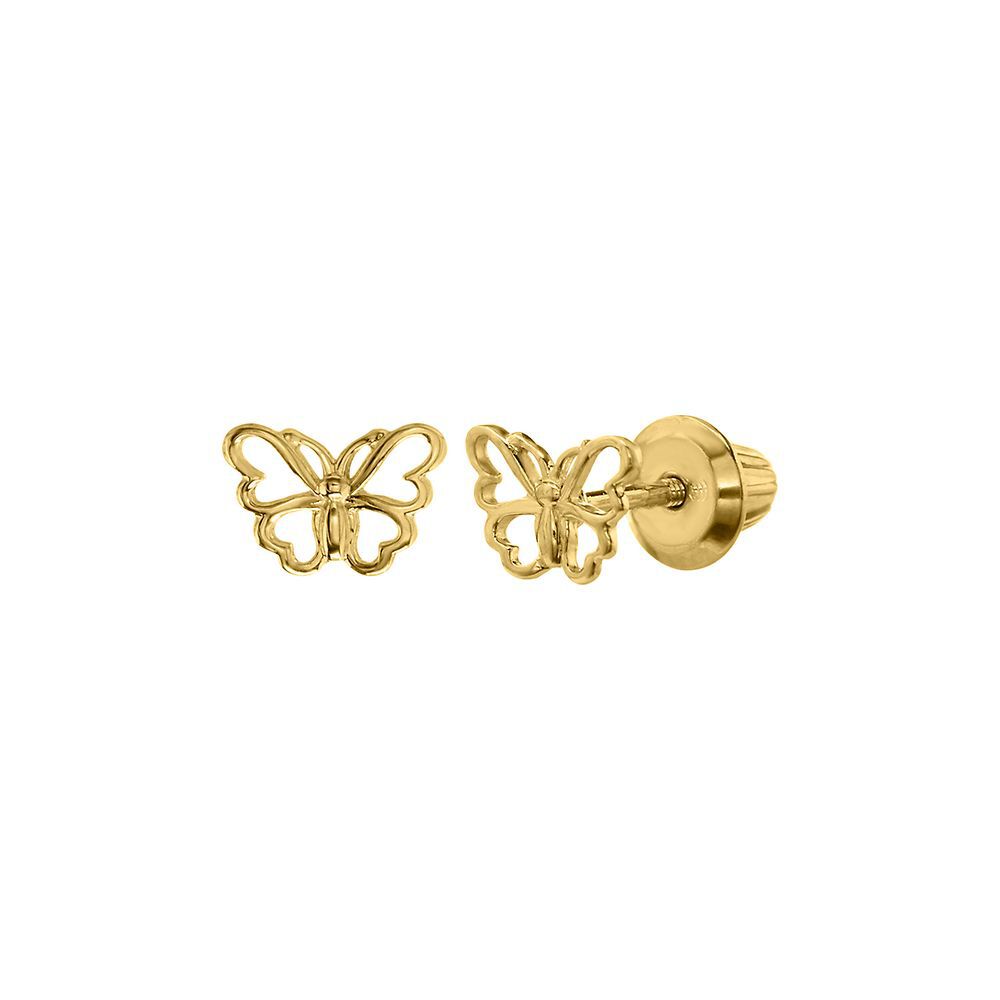 a girl wearing butterfly earrings