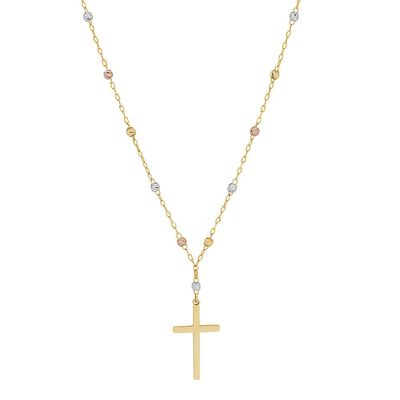 Tricolor Bead Cross Necklace in 14K Gold
