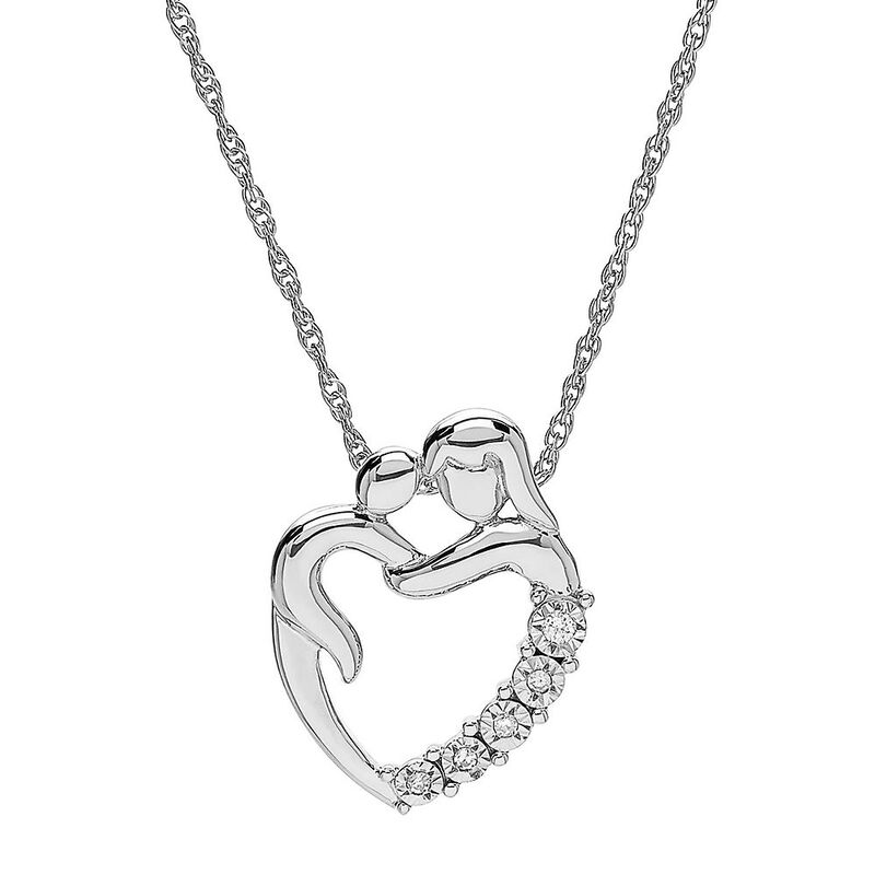Mother &amp; Child Diamond Heart Pendant in Sterling Silver