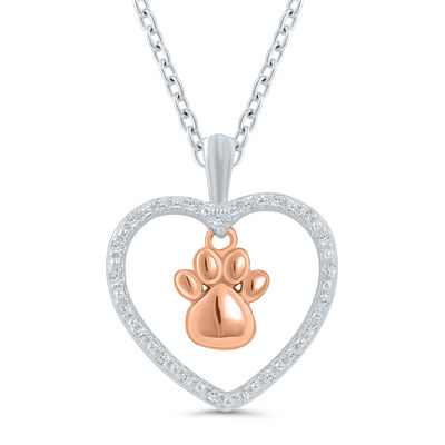 Diamond Accent Paw Print Heart Pendant in Sterling Silver and 10K Rose Gold