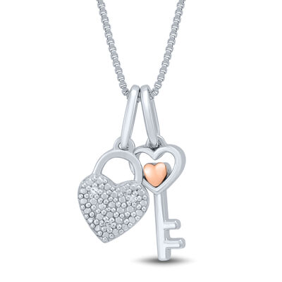 Diamond Accent Heart and Key Necklace in Sterling Silver and 14K Rose Gold