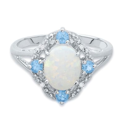 Lab Created Opal, Blue Topaz & Diamond Ring in Sterling Silver