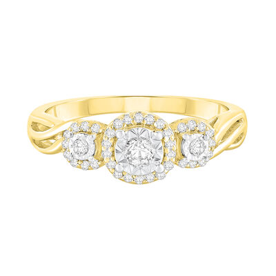 Three-Stone Halo Engagement Ring with Illusion Settings in 10K Yellow Gold (1/4 ct. tw.)