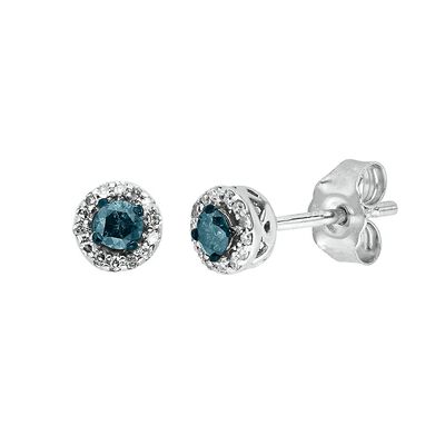 1/4 ct. tw. Blue & White Diamond Halo Stud Earrings in Sterling Silver