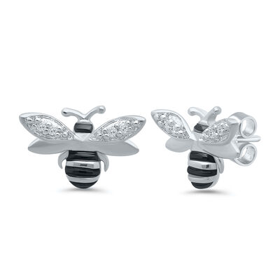 Bee Stud Earrings with Diamond Accents in Sterling Silver