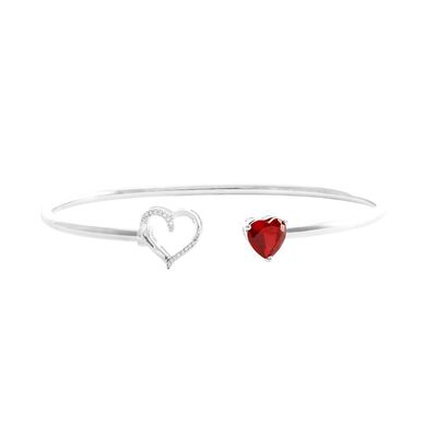 Lab Created Ruby & Diamond Heart Bangle Bracelet in Sterling Silver