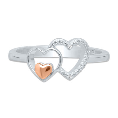 Double Heart Ring with Diamond Accents in Sterling Silver