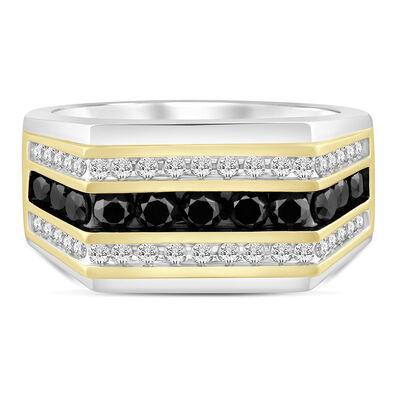 Men’s Black and White Diamond Three-Row Ring in 10K White and Yellow Gold (1 1/2 ct. tw.)
