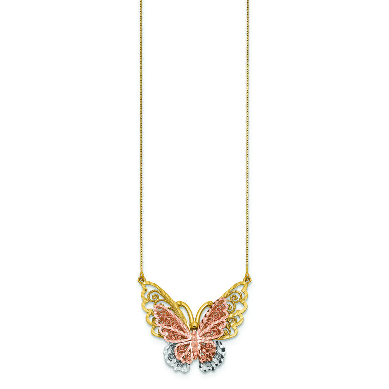 Tricolor Butterfly Necklace in 14K Gold