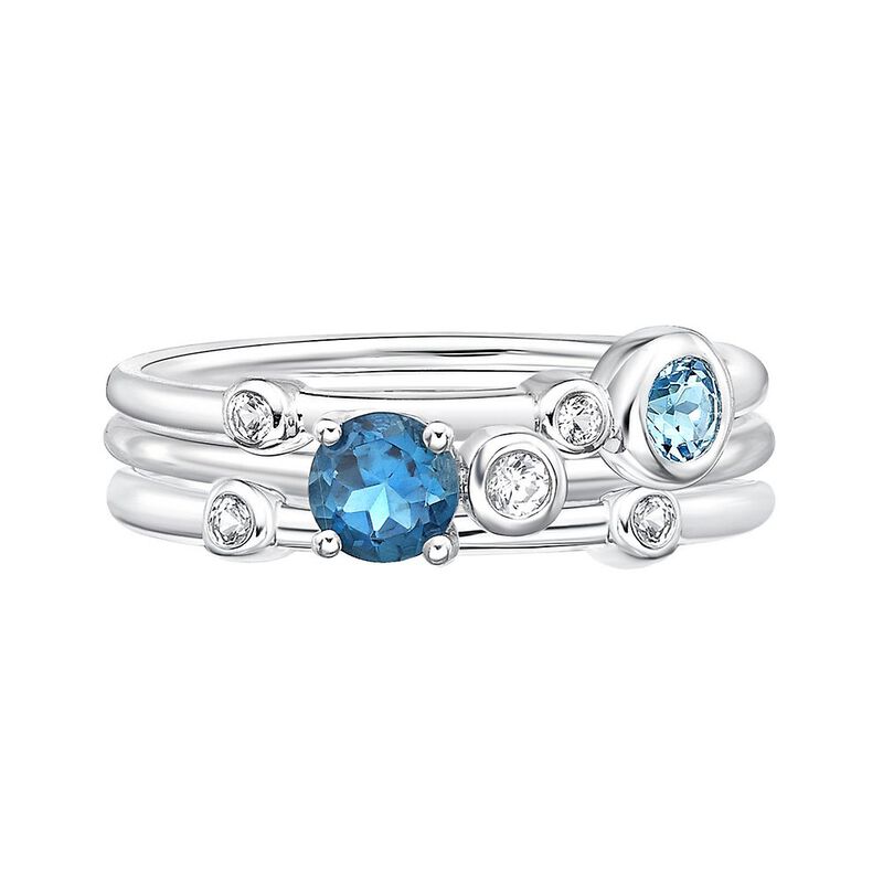 Blue Topaz, Swiss Blue Topaz &amp; Lab Created White Sapphire Orbit Stack Ring Set in Sterling Silver