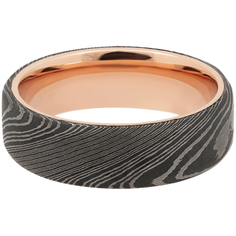 Men&rsquo;s Wedding Band with 14K Rose Gold in Damascus Steel, 7mm