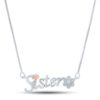 Diamond Accent Sister Necklace in Sterling Silver and 14K Rose Gold