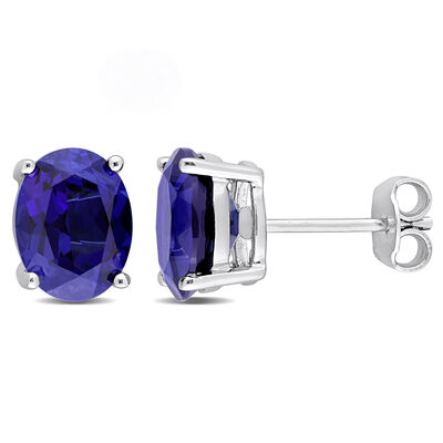 Oval-Shaped Lab-Created Blue Sapphire Stud Earrings in Sterling Silver