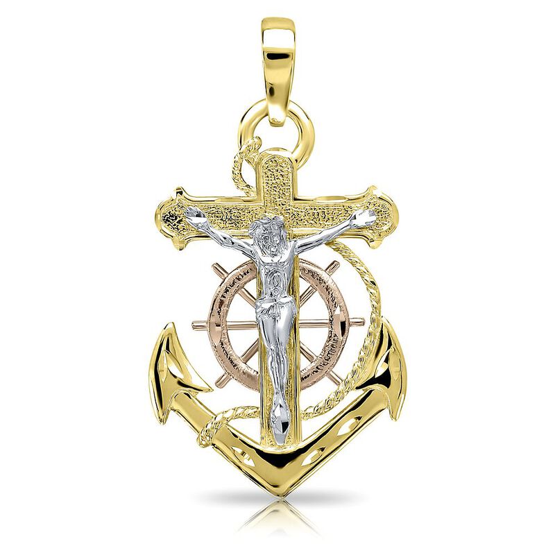 Polished Tricolor Crucifix &amp; Anchor in 14K Gold