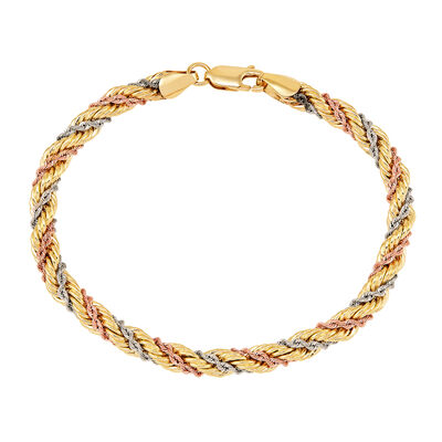 Tri-Tone Twisted Rope Chain Bracelet in 10K White, Rose and Yellow Gold