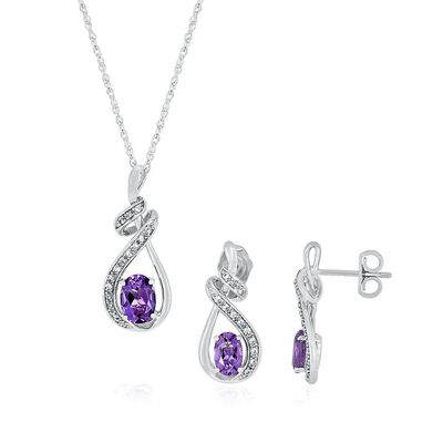 Amethyst & Lab Created White Sapphire Pendant & Earring Boxed Set in Sterling Silver