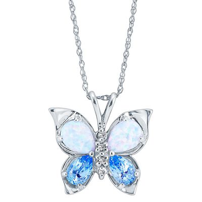 Lab Created Opal, Blue Topaz & Diamond Butterfly Pendant in 10K White Gold