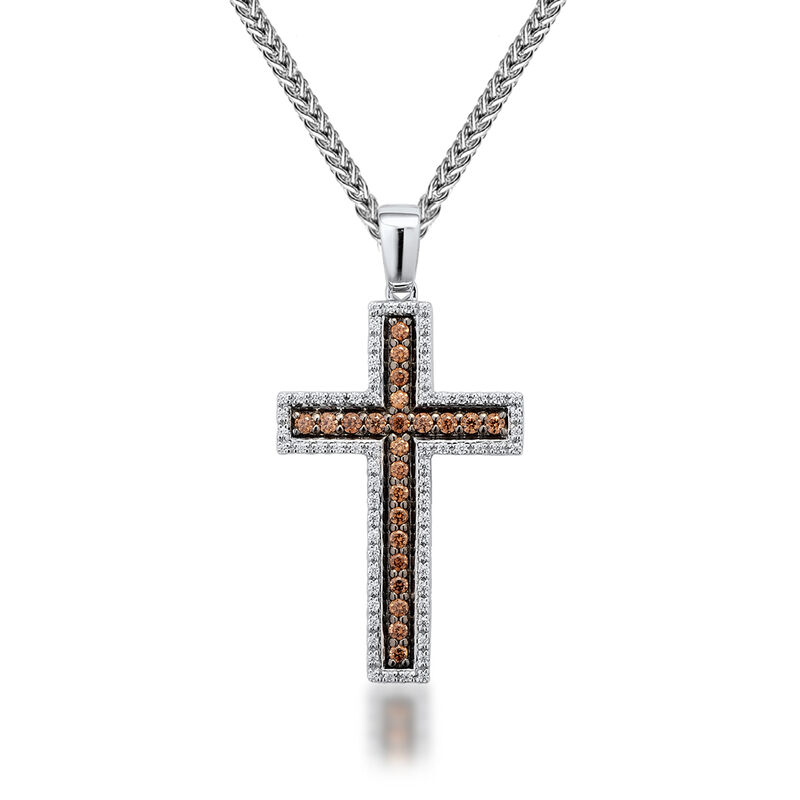 Men&rsquo;s Cross Pendant with White &amp; Champagne Diamonds in Sterling Silver &#40;5/8 ct. tw.&#41;