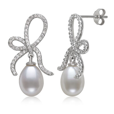 Teardrop Cultured Freshwater Pearl and Lab Created White Sapphire Earrings in Sterling Silver