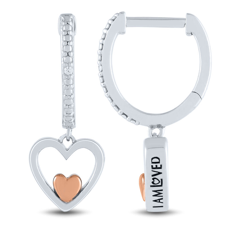 Diamond Accent Dangle Heart Huggie Earrings in Sterling Silver and 14K Rose Gold