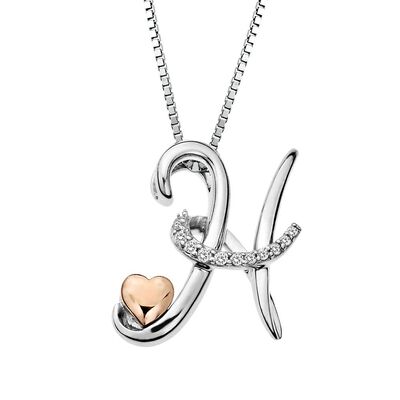 Diamond H Initial Pendant in Sterling Silver & 14K Rose Gold