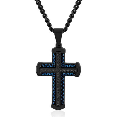 Cross Pendant with Black Diamond Accents in Black and Blue Ion-Plated Stainless Steel (1/4 ct. tw.) 