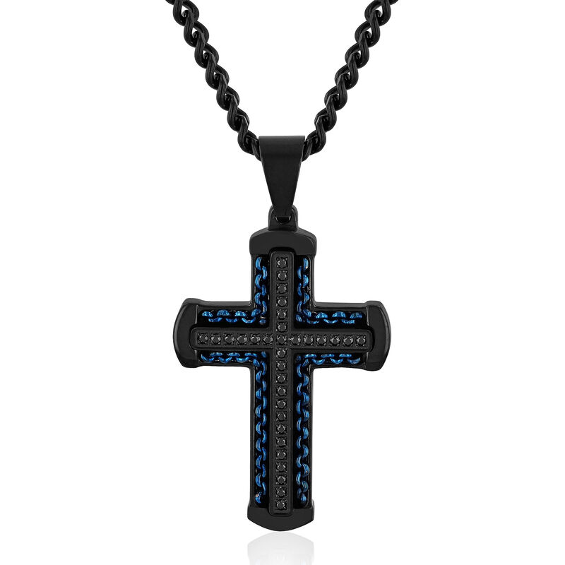 Cross Pendant with Black Diamond Accents in Black and Blue Ion-Plated Stainless Steel &#40;1/4 ct. tw.&#41; 
