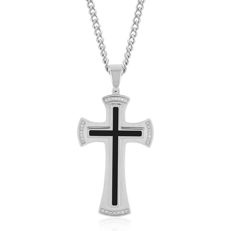 Men&rsquo;s Diamond Cross Pendant with Black Resin in Stainless Steel &#40;1/8 ct. tw.&#41;