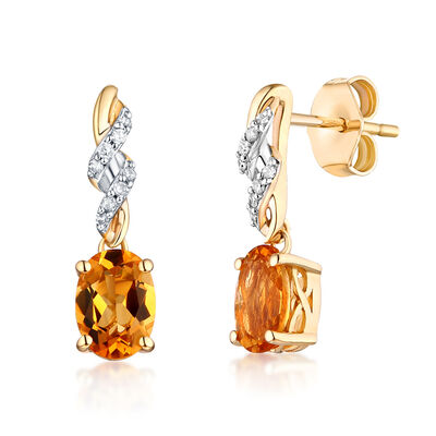Citrine & Diamond Drop Earrings in 10K Yellow Gold