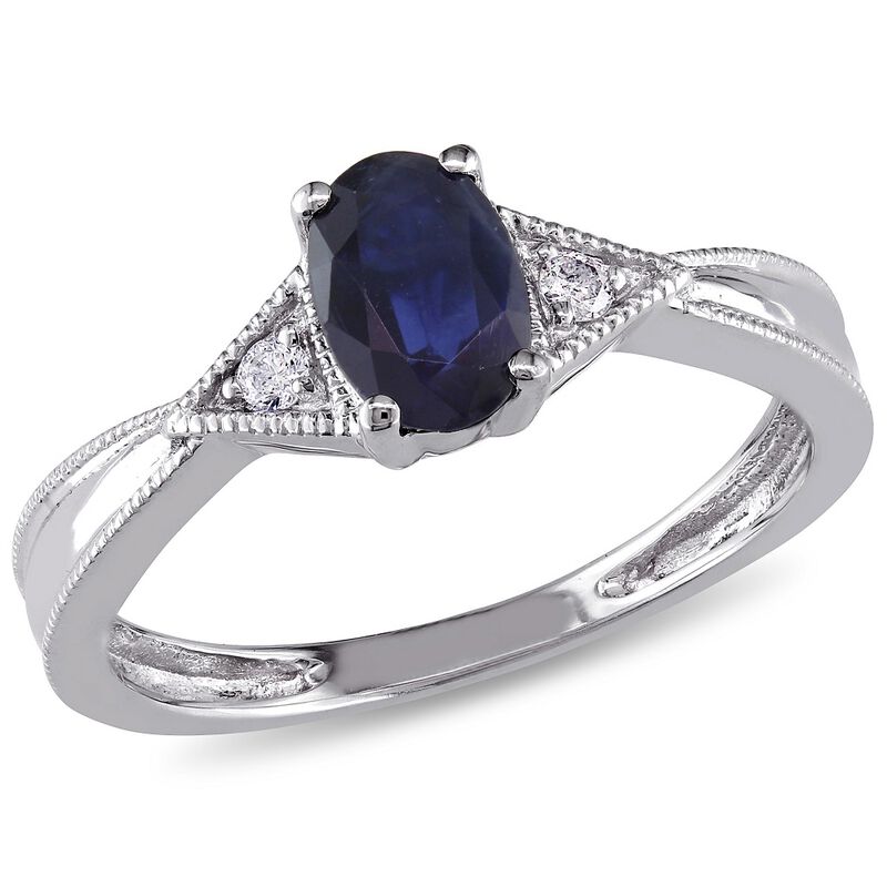 Oval Blue Sapphire &amp; Diamond Ring with Milgrain Detail in 14K White Gold