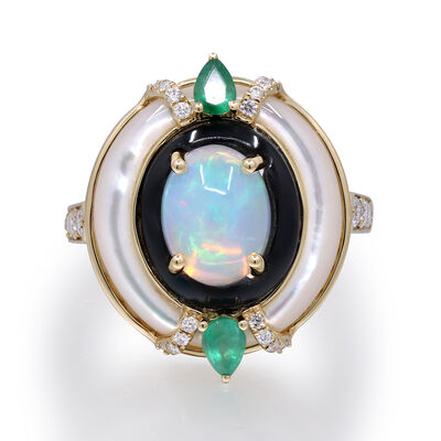  Diamond, Opal, Emerald, Mother of Pearl and Onyx Ring in 14K Yellow Gold (1/3 ct. tw.)