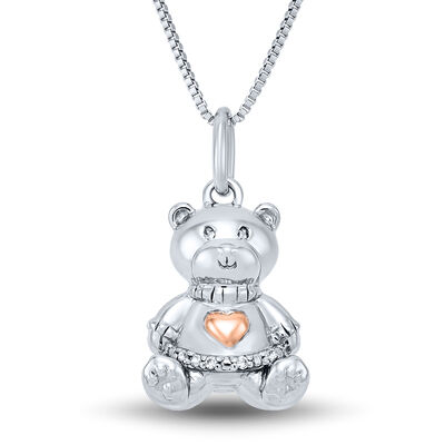 Teddy Bear Pendant with Diamond Accents in Sterling Silver & 14K Rose Gold