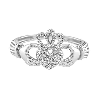 Irish Claddagh Ring with Diamond Accents in 10K White Gold