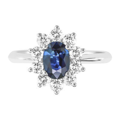 Oval Blue Sapphire Ring with Diamond Halo in 14k white gold (5/8 ct. tw.)
