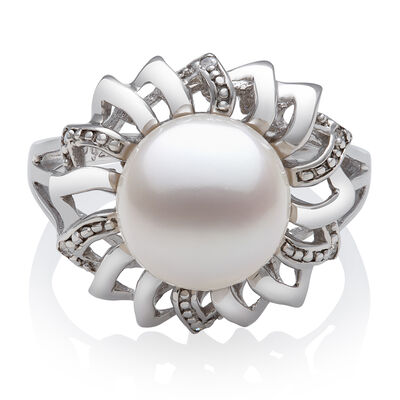 Freshwater Pearl & Diamond Ring in Sterling Silver