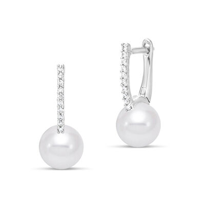 Freshwater Cultured Pearl and Diamond Earrings in 14K White Gold (1/10 ct. tw.)