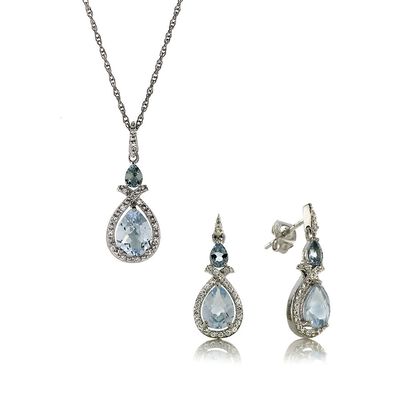 Blue Topaz & Lab Created White Sapphire Pendant & Earring Set in Sterling Silver