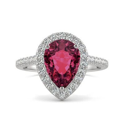 Pear-Shaped Lab Created Ruby & Moissanite Halo Ring in 14K White Gold
