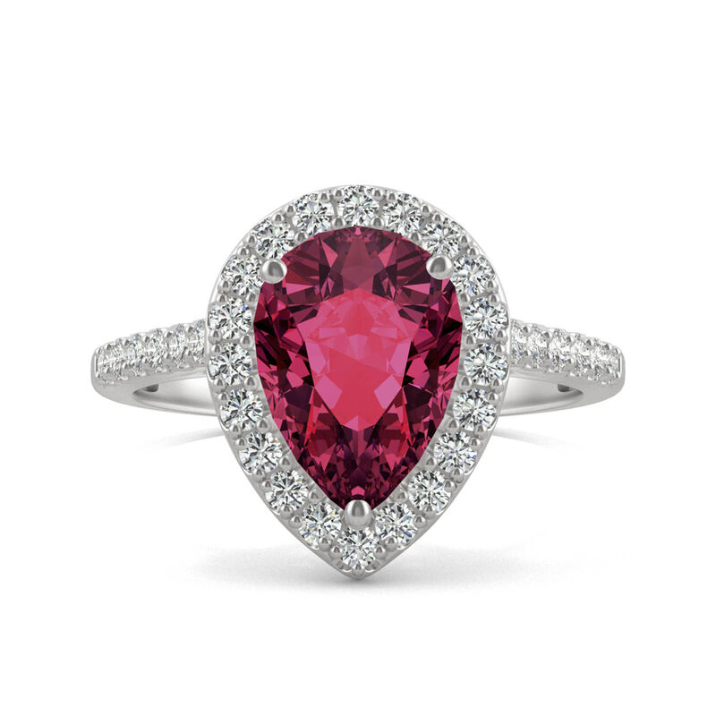 Pear-Shaped Lab Created Ruby &amp; Moissanite Halo Ring in 14K White Gold