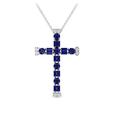 Blue Sapphire & Diamond Accent Cross Pendant in 10K White Gold