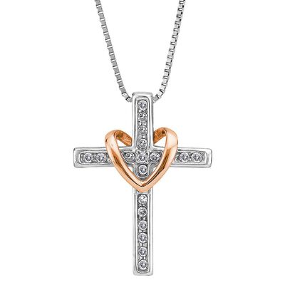 1/7 ct. tw. Diamond Cross Pendant in Sterling Silver & 14K Rose Gold