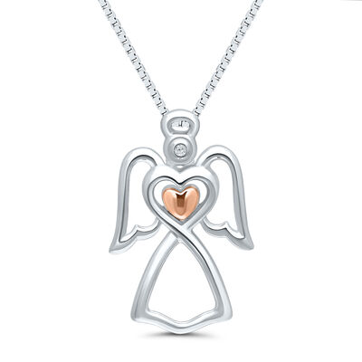 Diamond Accent Angel Pendant in Sterling Silver and 14K Rose Gold